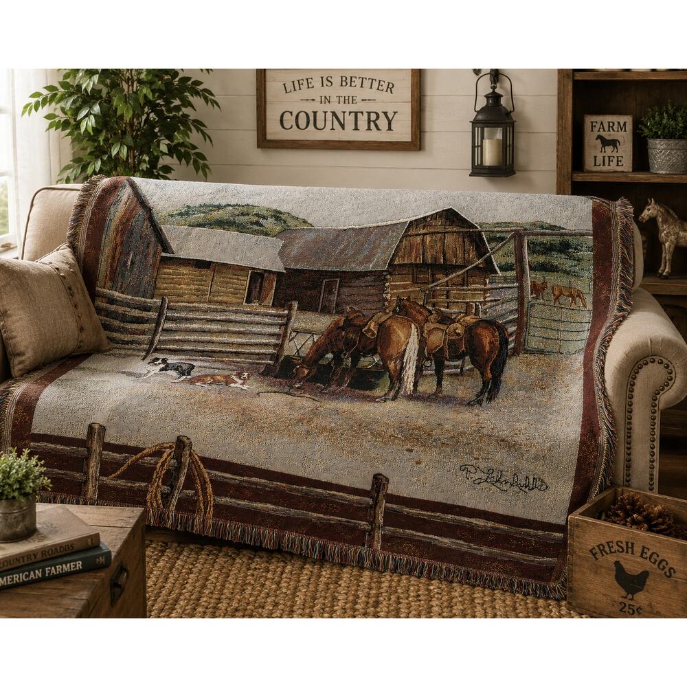 Vintage Woven Horse Ranch Throw Blanket Western Farmhouse Tapestry 74 x 53